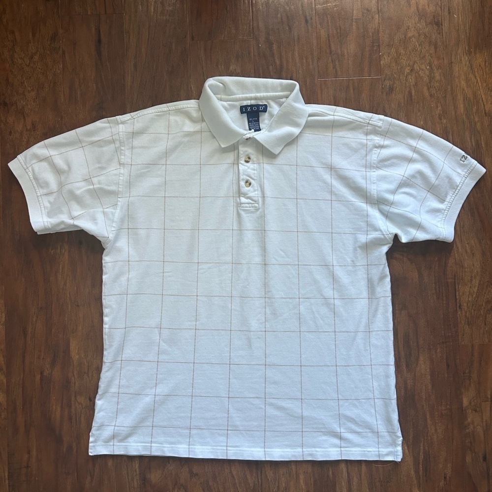 IZOD Men's White Polo with Subtle Grid Pattern 100% Cotton Size Large